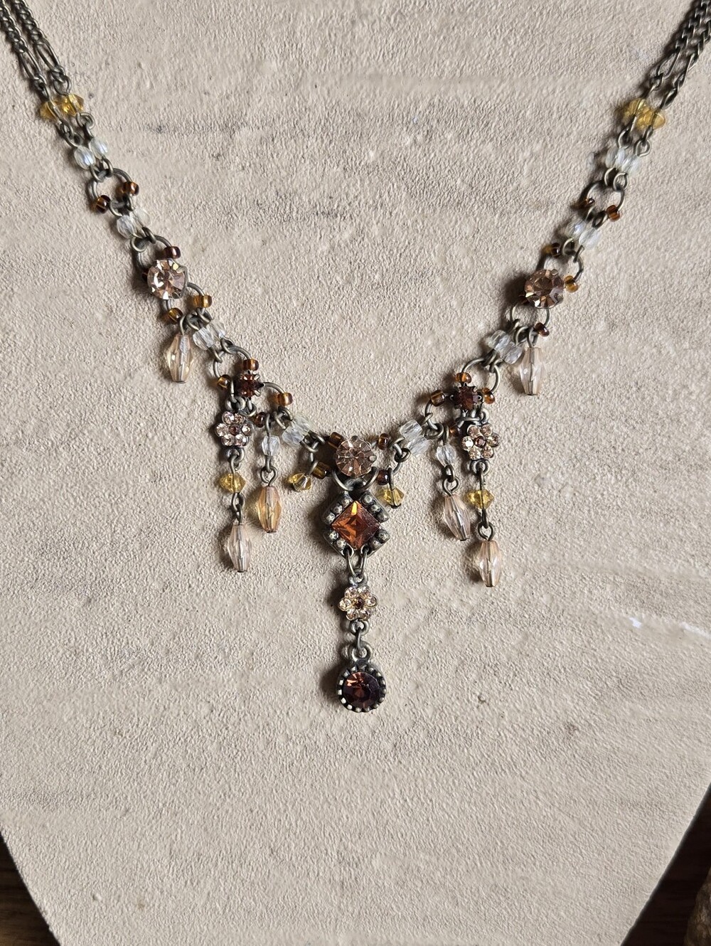 Cookie Lee Champagne and Amber Crystal Fringe Necklace